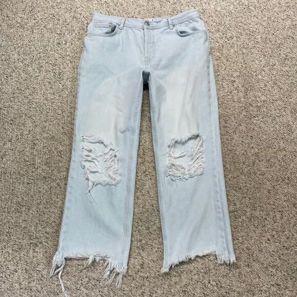 We The Free Denim - We The Free High-Rise Button Fly Wide Straight Leg Crop Distressed Raw Hem